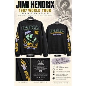 Jimi Hendrix 1967 World Tour Graphic Sweatshirt Black Crewneck Medium Rock Band